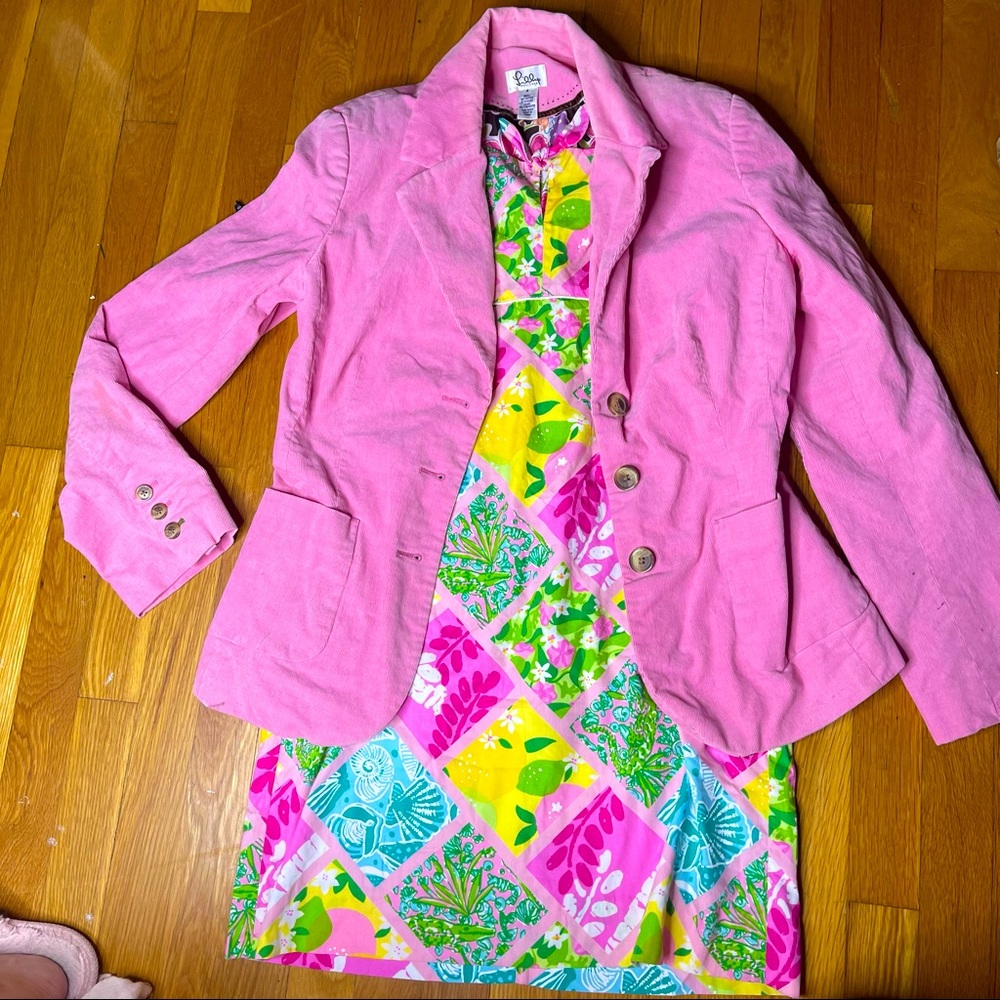 lilly pulitzer vintage 90s Tile Patch Lemon Seashell dress Suede blazer Sz 8